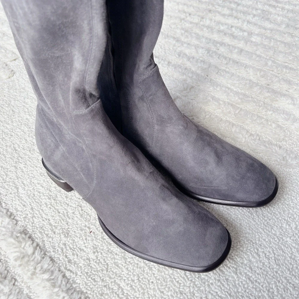 Tory Burch MULTI LOGO STRETCH Over The Knee Boots OTK Gray Suede Low Heel US 7.5